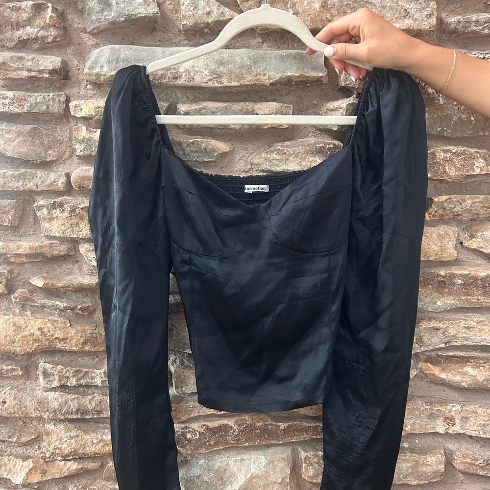 Reformation Black Satin Blouse with Puff Sleeves